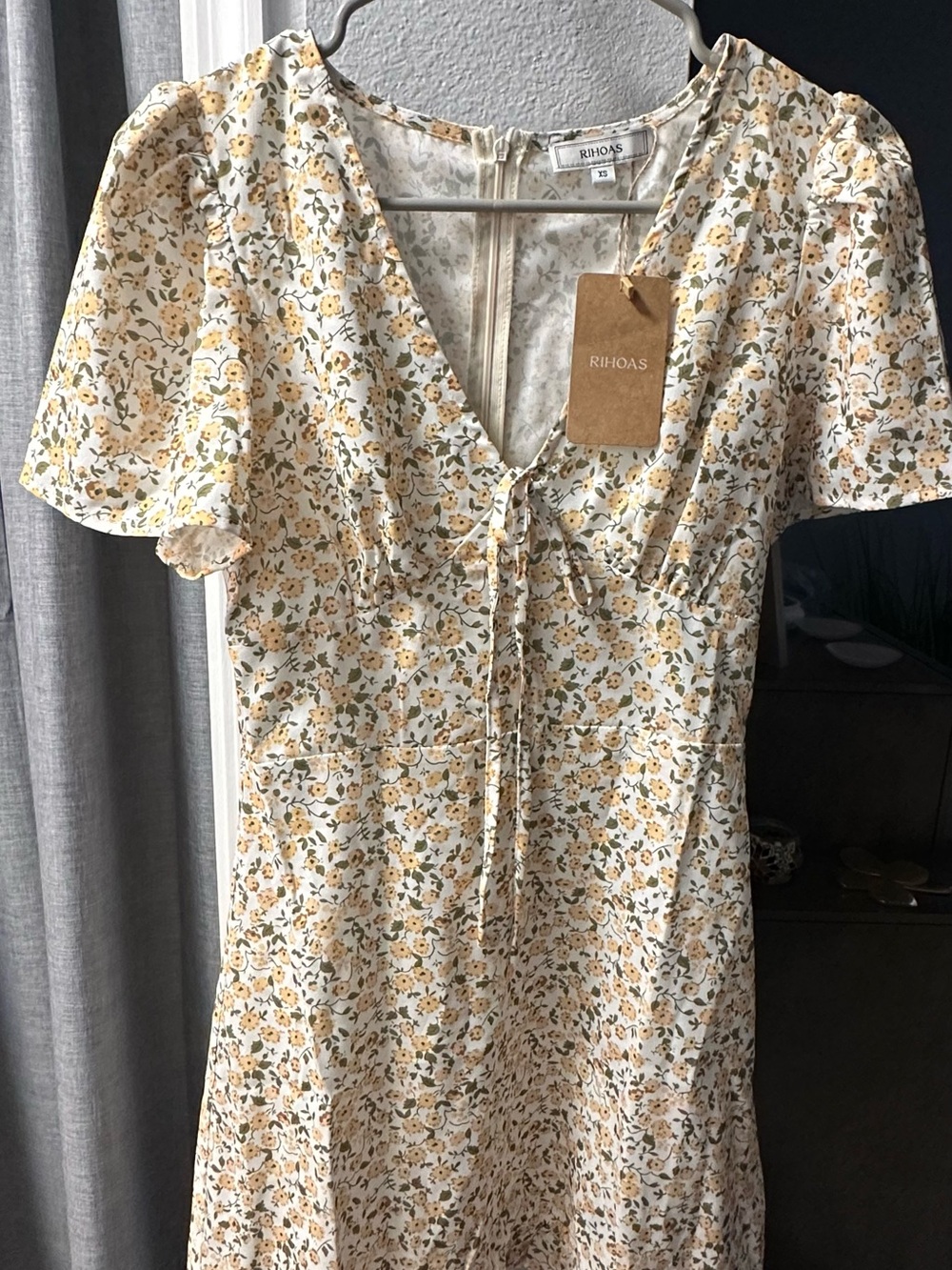 RIHOAS Cream Floral Tie-Front Dress with Yellow & Green Accents